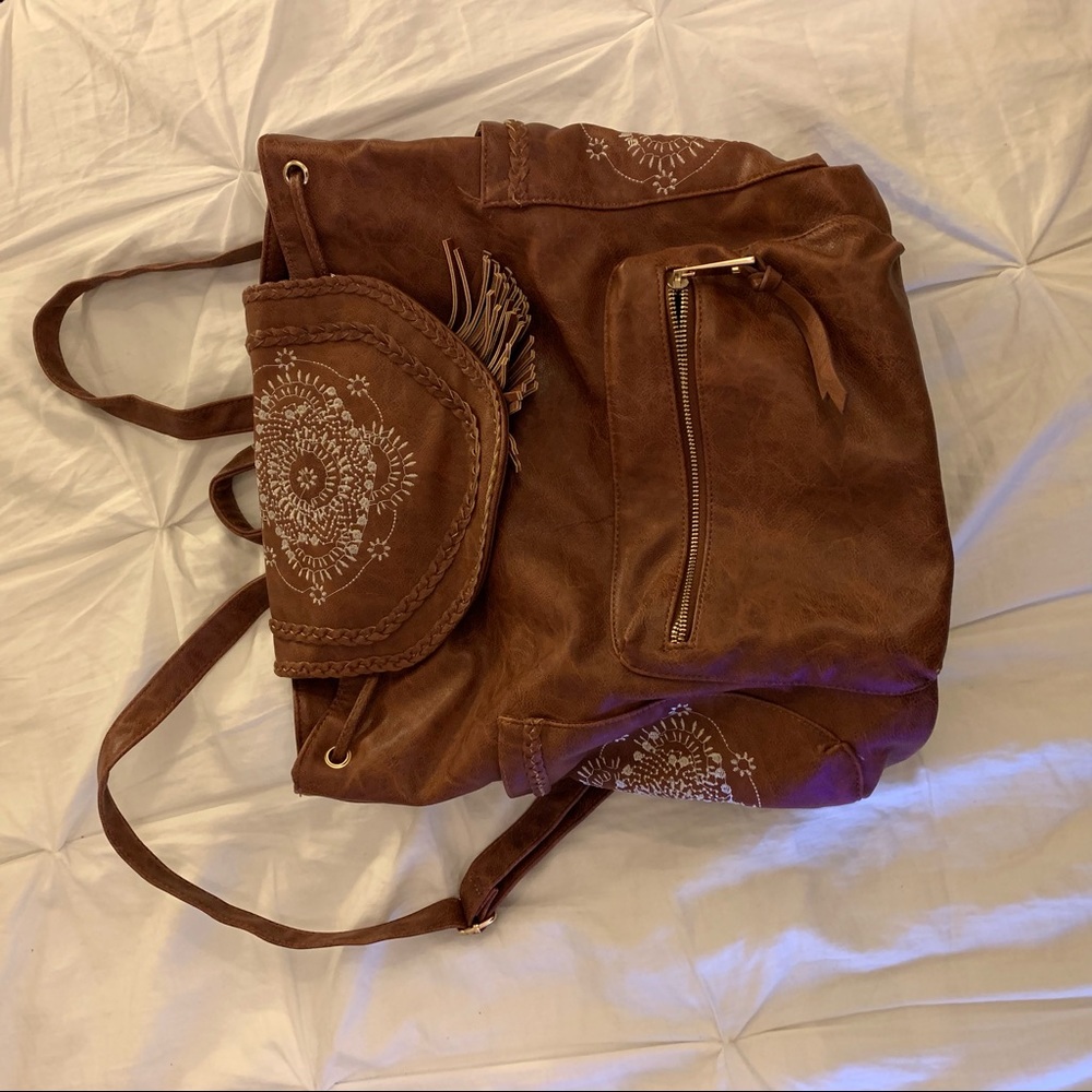 Faux Leather Embroidered String Backpack - image 1